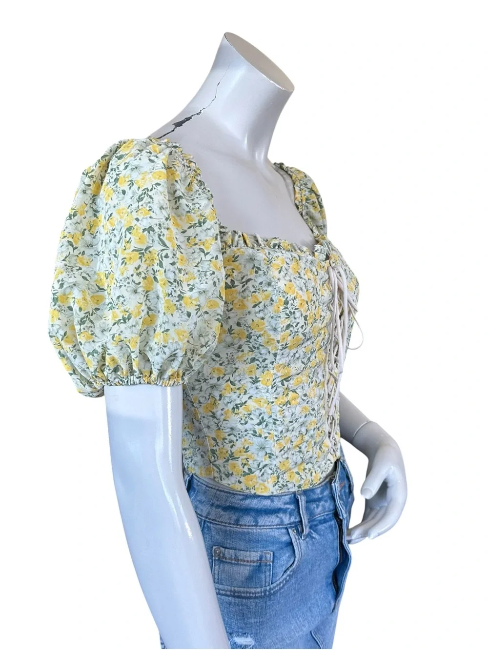 ASTR Yellow & Green Floral Puff Sleeve Milkmaid Lace Up Front Blouse Size XS